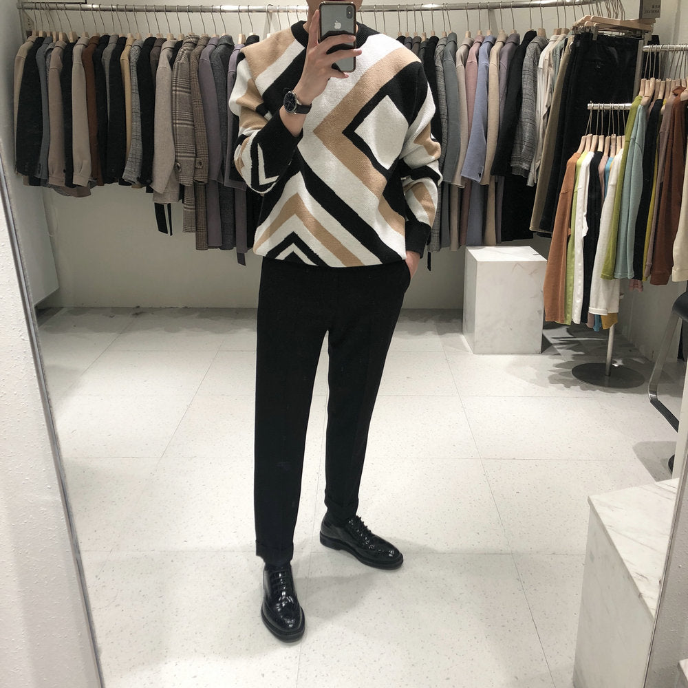 Retro Pullover Round Neck Geometric Sweater Men