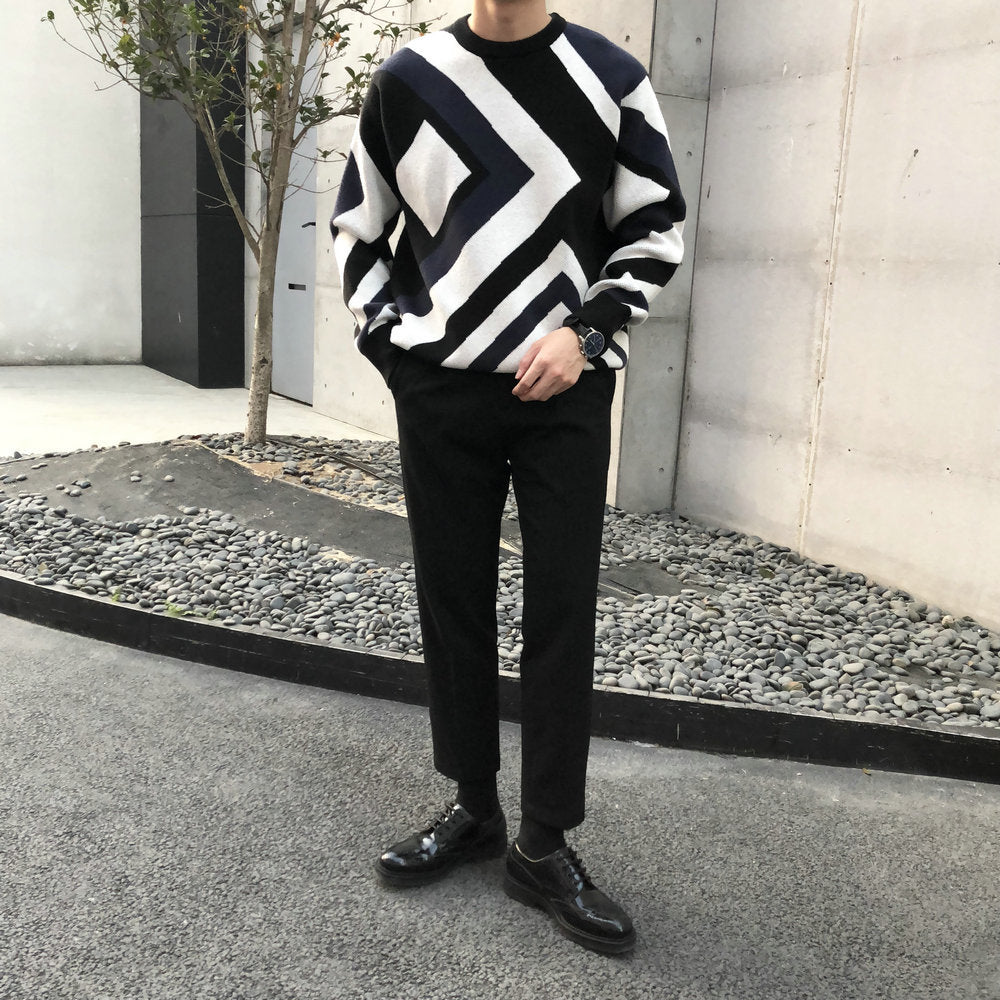 Retro Pullover Round Neck Geometric Sweater Men