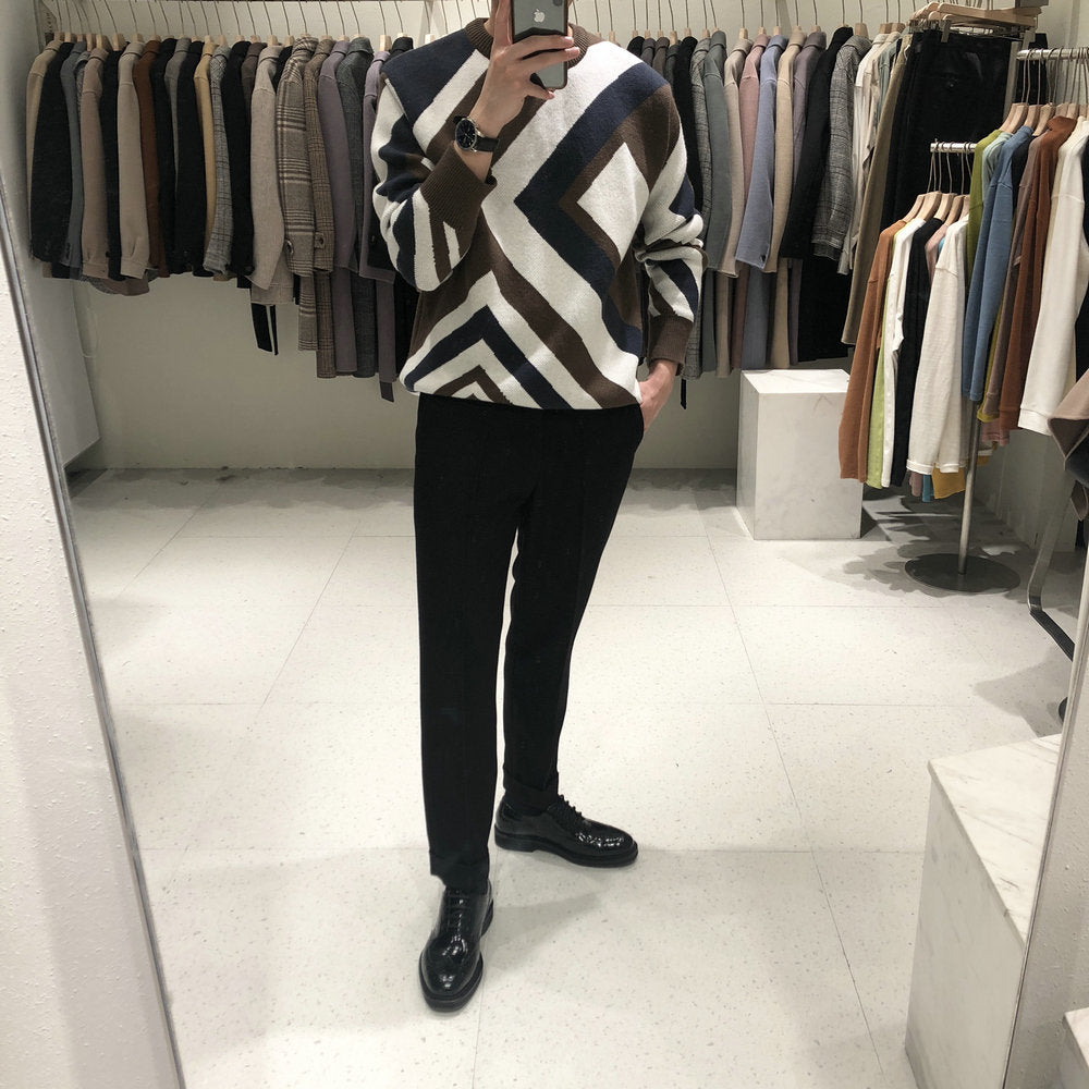 Retro Pullover Round Neck Geometric Sweater Men