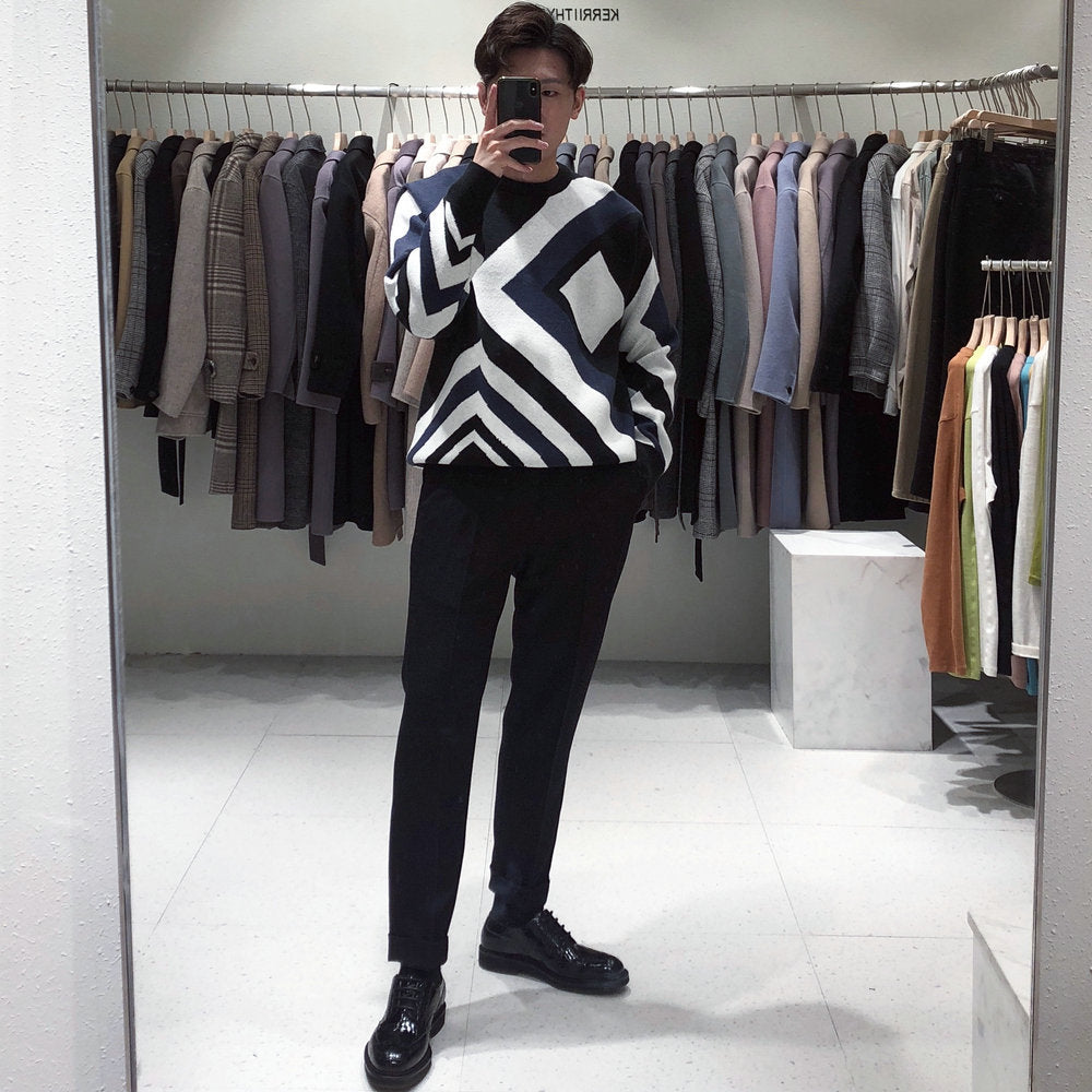 Retro Pullover Round Neck Geometric Sweater Men